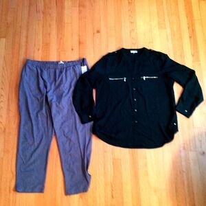 Calvin Klein Womens XL Green Button Down Blouse and Grey Pull On Pants Set